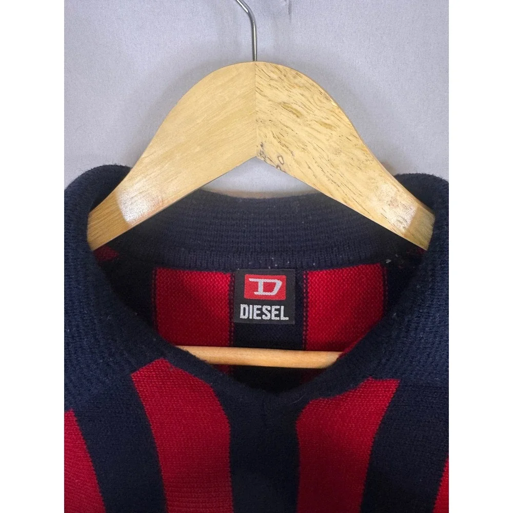 Diesel Red Navy‎ Blue Vertical Stripe Polo Collar Knit Sweater Men M AC Milan